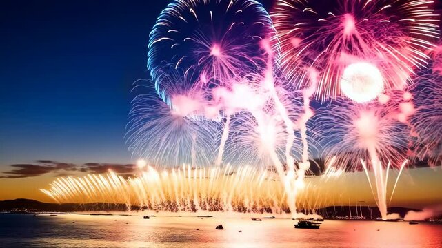 Vibrant fireworks explode in night sky over water at dusk creating festive celebration and dazzling light display.
