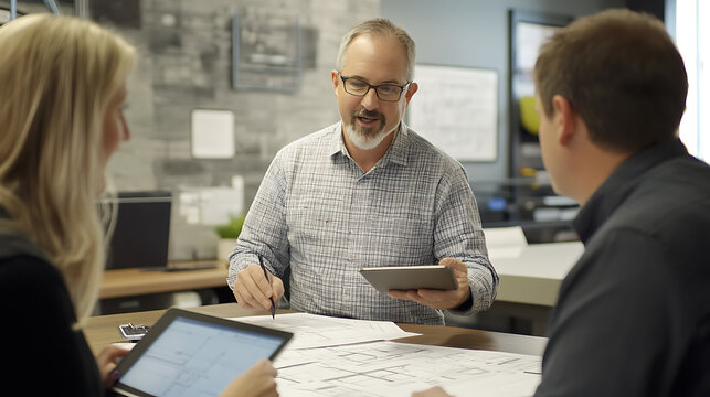 Three professionals discussing architectural plans in a modern office setting