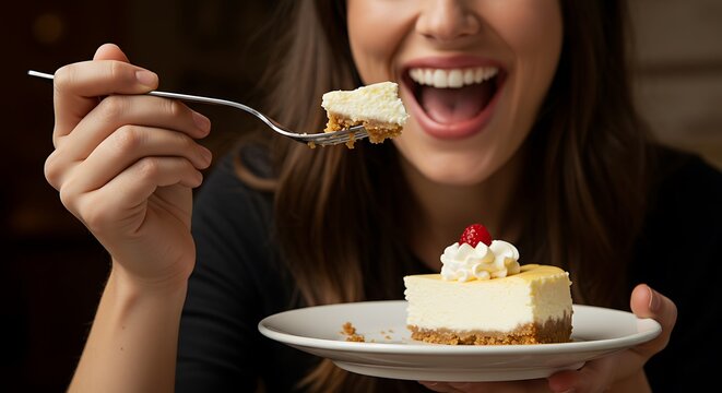 Woman's Delightful Reaction to a Delicious Slice of Cheesecake