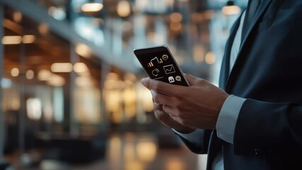 Confident businessman using smartphone for advanced mobile communication in office - Powered by Adobe
