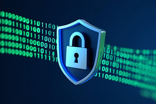 Cyber security shield with padlock and binary code