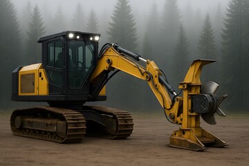 A compact tracked excavator fitted with a forestry mulcher attachment, parked on a misty clearing in a pine forest, specialized for land clearing and vegetation control.