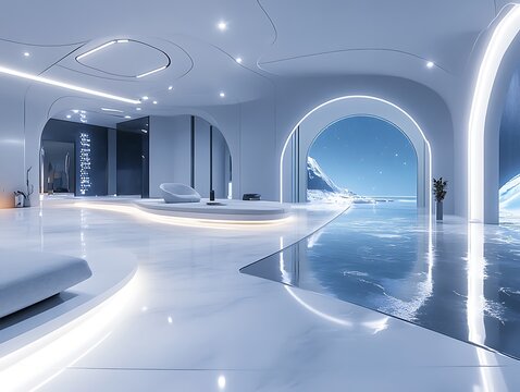 Futuristic interior with mountain view, reflecting elegance and modernity in design