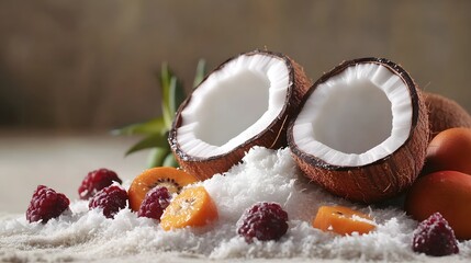 Tropical fruit and coconut halves on a bed of coconut flakes.