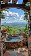 Mountaintop hot tub with archway