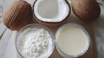 Fresh coconut products displayed on a surface.