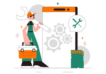 Mobile Repair Vector Illustration Featuring a Telephone or Smartphone Electronic Service with a Broken Screen and Device Malfunction in a Background