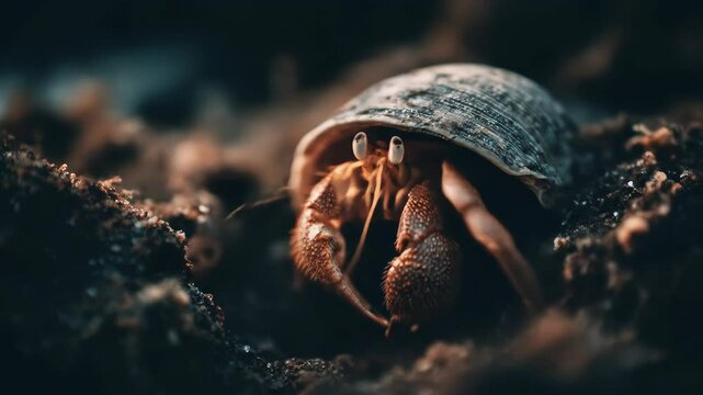 Tiny hermit crab emerges cautiously from shell amidst dark sand and colorful seaweed