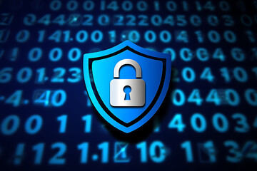 Digital security shield with padlock on binary code background