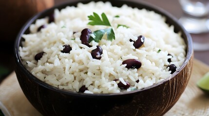 Aromatic bowl of rice with black beans.