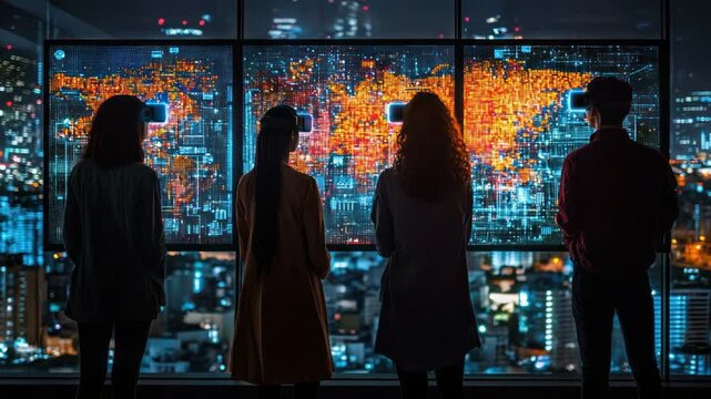 VR experience of a global network. Four individuals, silhouetted against a large display of data visualizations of a world map, seen from an elevated vantage point