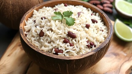 A wooden bowl filled with a flavorful rice and bean dish.