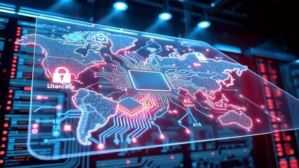 Futuristic digital map with circuit patterns and security icons, showcasing global connectivity in technology - Powered by Adobe