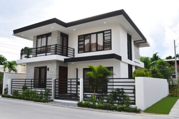 Modern two-story house with sleek design and lush landscaping located in a residential community under a clear sky in the afternoon