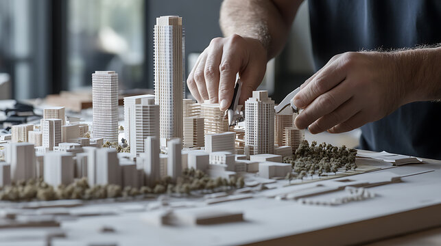 Architect Adjusting a Detailed Cityscape Model