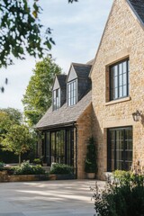 Obraz premium Beautiful modern stone house with large windows and landscaped garden in a serene countryside setting in the afternoon light