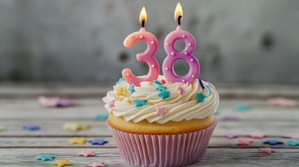 Birthday or anniversary cupcake with pink and purple 38th candles, white frosting, and star sprinkles