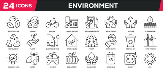 Set of line icons related environment, ecology, sustainable, energy. Editable stroke. Perfect pixel on transparent background