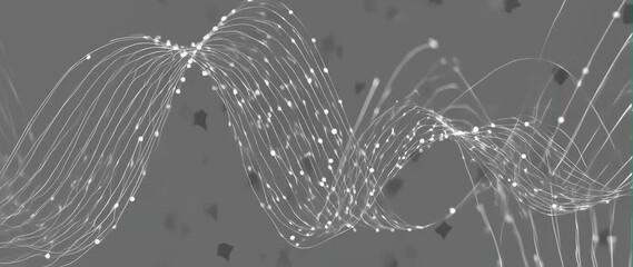 Anamorphic video Digital waveforms dancing in sync with invisible music, minimalistic lines and dots, monochrome background with smooth motion, futuristic data concept