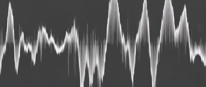 Anamorphic video Digital waveforms dancing in sync with invisible music, minimalistic lines and dots, monochrome background with smooth motion, futuristic data concept