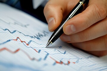 Business man analyzing financial chart with pen during a meeting in a corporate office setting, close up business man analyzing financial chart