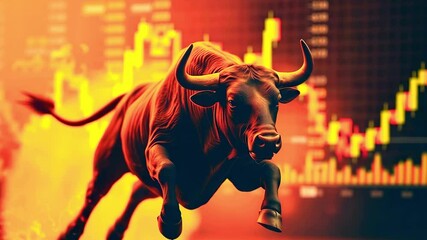 Dynamic bull charging through a vibrant financial market background with rising stock charts - Powered by Adobe