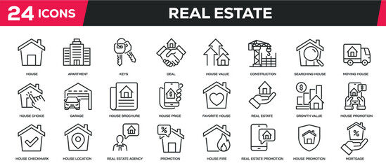 Set of line icons related real estate, house, asset, construction, mortgage. Editable stroke. Perfect pixel on transparent background