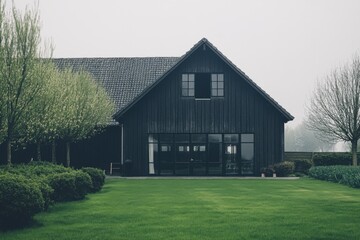 Obraz premium A contemporary black wooden house stands gracefully amidst lush greenery, enveloped by a mystical misty landscape in the tranquil early morning light