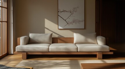 Modern, minimalist wooden sofa in a calming interior space.