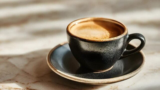 Fresh Hot Espresso Coffee In Stylish Ceramic Cup On Marble Table With Morning Sunlight Perfect For Cafe And Lifestyle Themes