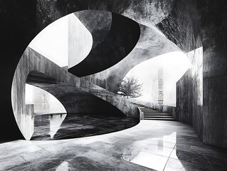 Ethereal concrete vortex, an architectural study in monochrome and perspective