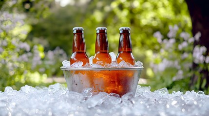 Three brown glass bottles of beverages chilled in an ice bucket outdoors.