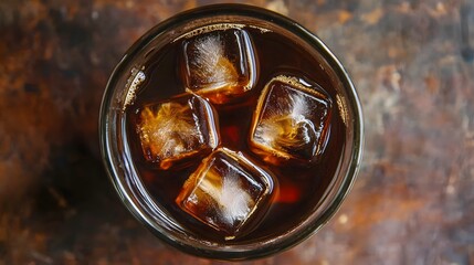 Top view of iced coffee in a glass tumbler.