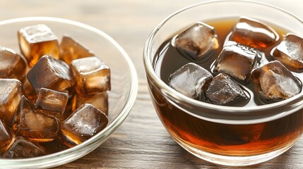 Close-up view of ice cubes and dark beverage.