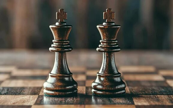Two chess pieces in mid-move on a board, set on a polished wooden table, with soft, natural light illuminating the scene, minimalistic, realistic, medium shot.