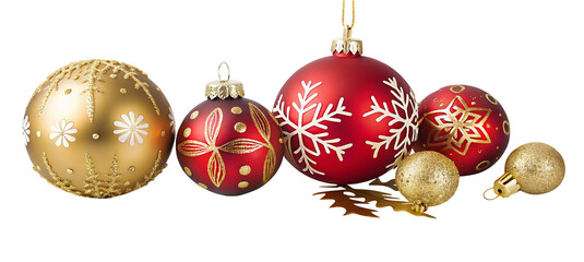 A collection of christmas ornaments in gold and red with decorative designs on a black background