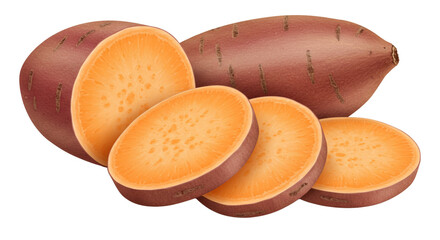 Whole and Sliced Orange Sweet Potatoes Isolated on White