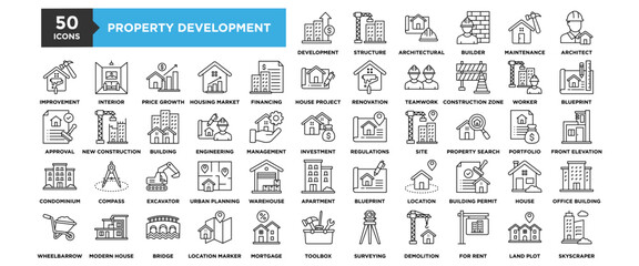50 Property Development icon set. Containing design Property Development, Built Structure, Architectural, Builder, Home Maintenance	