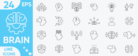 Brain Line icon set.brainstorming, head, neuron, cognition, thinking, neurology, awareness, focus, wise, mind icons, intelligence and more.Vector and illustrator set.