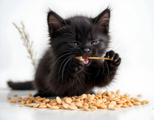 Black Kitten Chewing on Dried Leaf with Seeds

