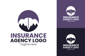 Creative Insurance Logo with Umbrella and Mountain Graphic in Purple for Risk Management Branding
