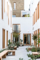 A beautifully designed modern courtyard features lush greenery and comfortable benches, perfectly integrated within a contemporary building in an urban setting during daylight hours
