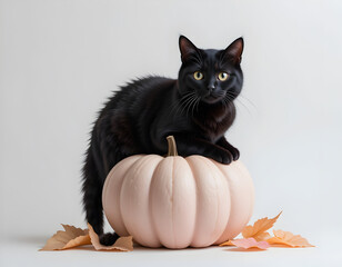 Black Cat Sitting on White Pumpkin with Autumn Leaves

