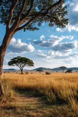 Obraz premium Vast savanna landscape with gently rolling hills and scattered acacia trees