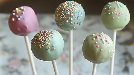 Colorful cake pops on white sticks displayed close-up.
