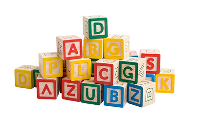 A pile of colorful wooden alphabet blocks with various letters stacked against a black background scene