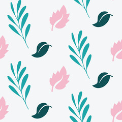 Seamless Floral Pattern with Teal Flowers and Pink Leaves on White Background