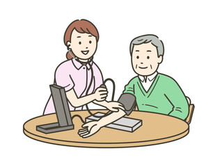 血圧計で血圧を測る笑顔の看護師と高齢男性と半身イラスト