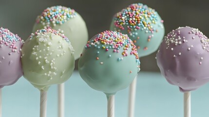 Colorful cake pops on sticks arranged close together.