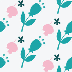 Seamless Floral Pattern with Teal Flowers and Pink Leaves on White Background
